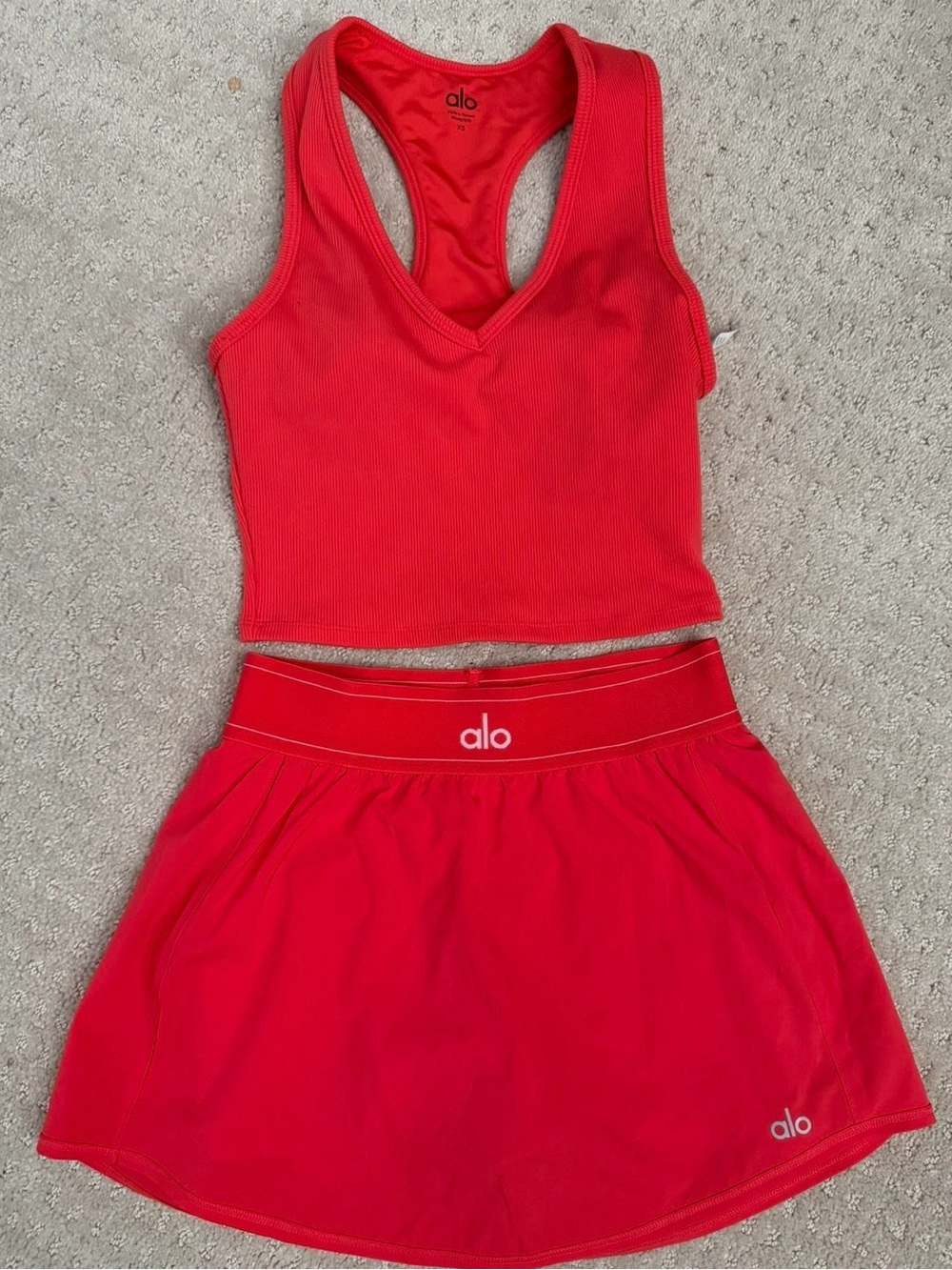 ALO Yoga Red Ribbed Racerback Crop Top with Matching Skort, XS